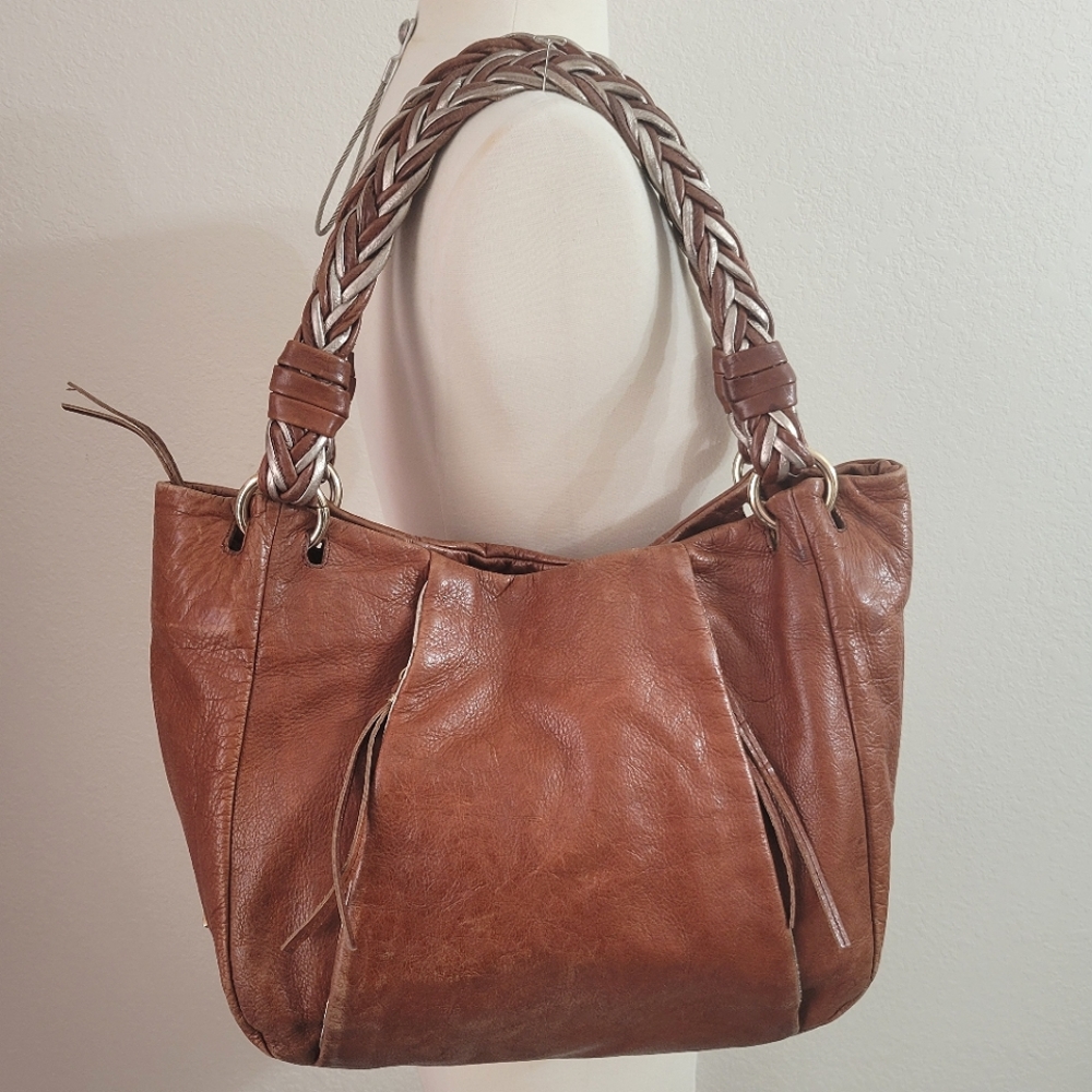 ELLIOTT LUCCA Brown Leather Hobo Bag with Metallic Details